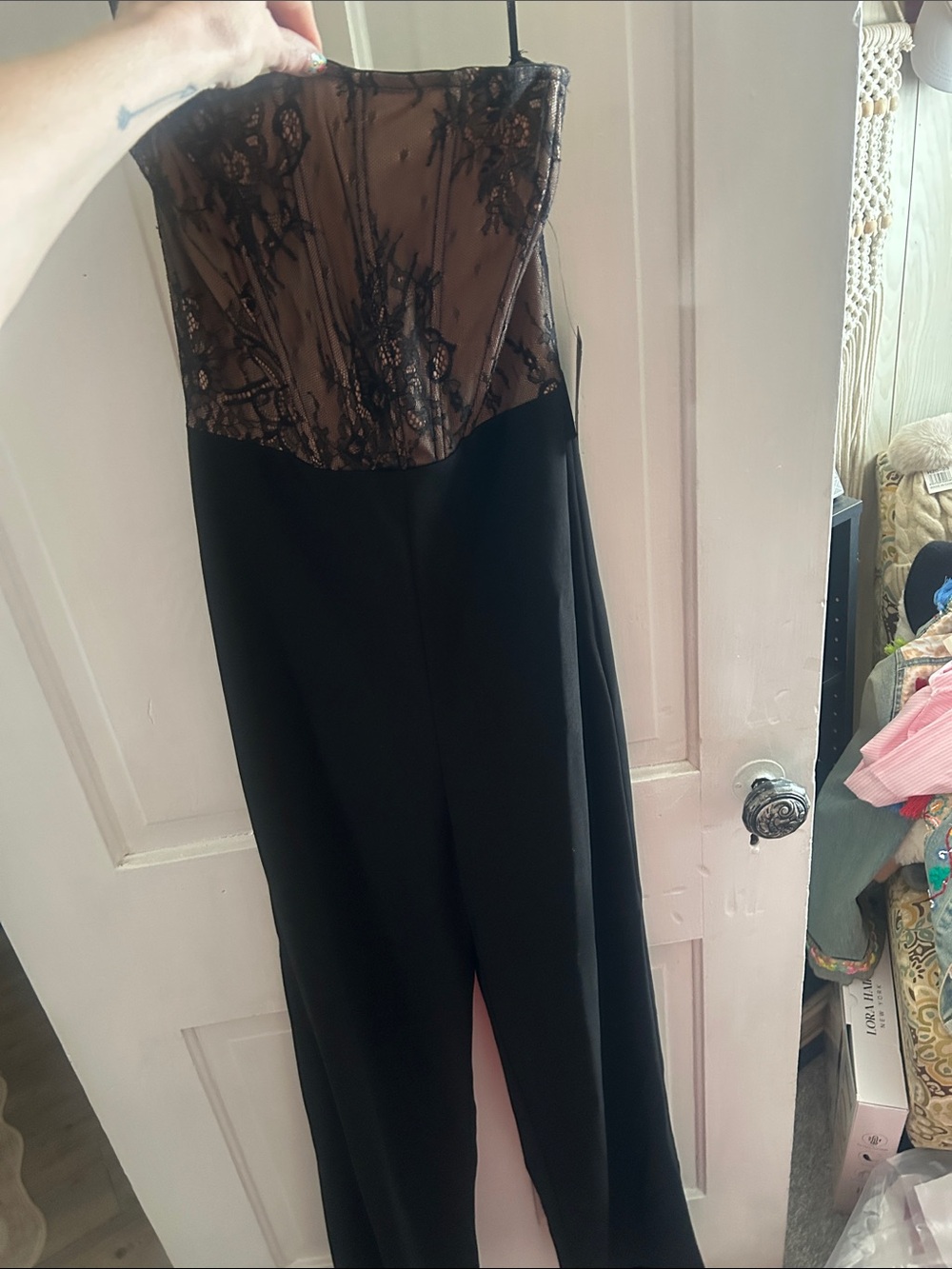 Lulu's Black Strapless Lace-Bodice Jumpsuit